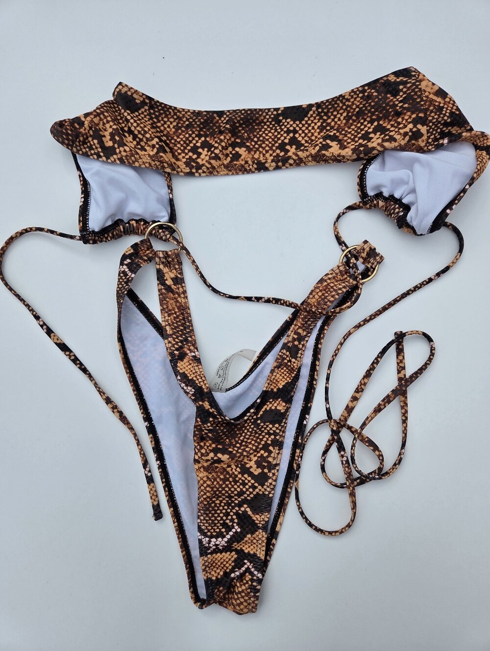 Women’s Snake Print Ring Halter Bikini Top Thong Bottom 2 Piece Brown Black S